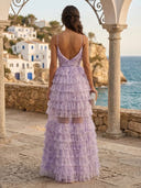 Tulle A Line Tiered V Neck Sleeveless Long Formal Dresses