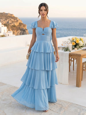 A Line Square Neck Short Sleeve Long Formal Dresses