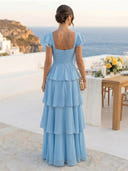 A Line Square Neck Short Sleeve Long Formal Dresses
