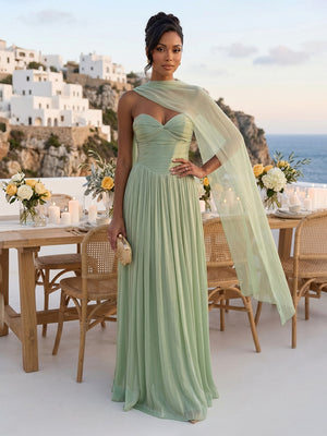 A Line Sweetheart Sleeveless Long Formal Dresses with Scarf