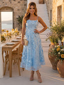 A Line Square Neck Sleeveless Long Formal Dresses with Flower
