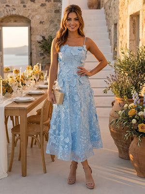 A Line Square Neck Sleeveless Long Formal Dresses with Flower