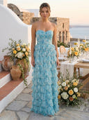 A Line Tiered Tulle Strapless Sleeveless Long Formal Dresses