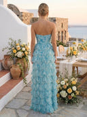 A Line Tiered Tulle Strapless Sleeveless Long Formal Dresses