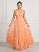 A Line Tiered Deep V Neck Sleeveless Long Formal Dresses