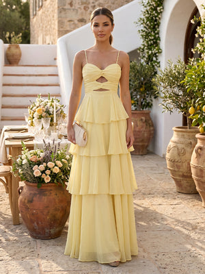 Chiffon Tiered A Line Sweetheart Sleeveless Long Formal Dresses