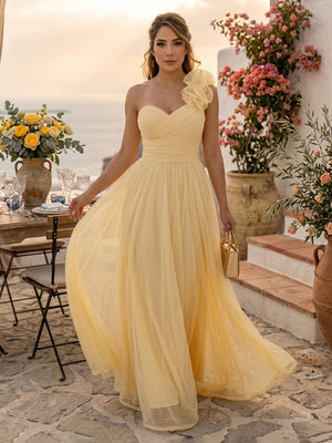 A Line Pleated Sweetheart Sleeveless Long Formal Dresses with Flower