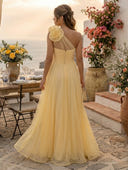 A Line Pleated Sweetheart Sleeveless Long Formal Dresses with Flower