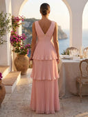 A Line Chiffon Tiered V Neck Sleeveless Long Formal Dresses