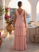 A Line Formal Dresses High Low Round Neck Sleeveless Long Wedding Guest Maxi Dresses