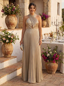 A Line Satin Pleated Halter Sleeveless Long Formal Dresses