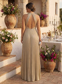 A Line Satin Pleated Halter Sleeveless Long Formal Dresses