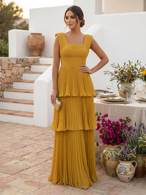 A Line Pleated Square Neck Sleeveless Long Formal Dresses
