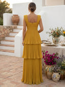 A Line Pleated Square Neck Sleeveless Long Formal Dresses