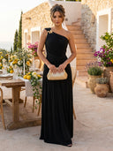 A Line Formal Dresses Chiffon High Neck Cap Sleeve Long Wedding Guest Maxi Dresses