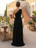 A Line Pleated One Shoulder Sleeveless Long Formal Dresses with Flower