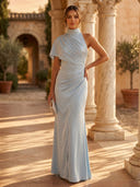 Mermaid Pleated High Neck Short Sleeve Long Formal Dresses