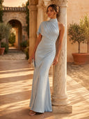 Mermaid Pleated High Neck Short Sleeve Long Formal Dresses