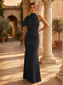 Mermaid Pleated High Neck Short Sleeve Long Formal Dresses Wedding Guest Maxi Dresses