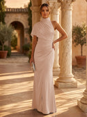 Mermaid Pleated High Neck Short Sleeve Long Formal Dresses Wedding Guest Maxi Dresses