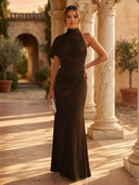 Mermaid Pleated High Neck Short Sleeve Long Formal Dresses Wedding Guest Maxi Dresses