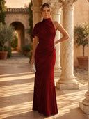 Mermaid Pleated High Neck Short Sleeve Long Formal Dresses Wedding Guest Maxi Dresses