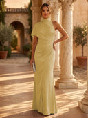 Mermaid Pleated High Neck Short Sleeve Long Formal Dresses Wedding Guest Maxi Dresses