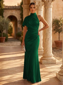 Mermaid Pleated High Neck Short Sleeve Long Formal Dresses Wedding Guest Maxi Dresses