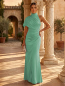 Mermaid Pleated High Neck Short Sleeve Long Formal Dresses Wedding Guest Maxi Dresses