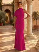 Mermaid Pleated High Neck Short Sleeve Long Formal Dresses Wedding Guest Maxi Dresses