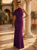 Mermaid Pleated High Neck Short Sleeve Long Formal Dresses Wedding Guest Maxi Dresses