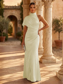 Mermaid Pleated High Neck Short Sleeve Long Formal Dresses Wedding Guest Maxi Dresses