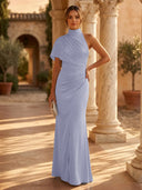 Mermaid Pleated High Neck Short Sleeve Long Formal Dresses Wedding Guest Maxi Dresses