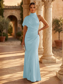 Mermaid Pleated High Neck Short Sleeve Long Formal Dresses Wedding Guest Maxi Dresses
