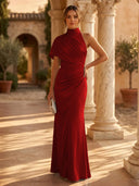 Mermaid Pleated High Neck Short Sleeve Long Formal Dresses Wedding Guest Maxi Dresses