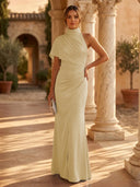 Mermaid Pleated High Neck Short Sleeve Long Formal Dresses Wedding Guest Maxi Dresses
