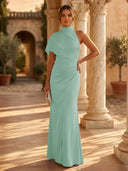 Mermaid Pleated High Neck Short Sleeve Long Formal Dresses Wedding Guest Maxi Dresses