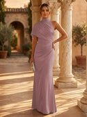 Mermaid Pleated High Neck Short Sleeve Long Formal Dresses Wedding Guest Maxi Dresses