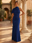 Mermaid Pleated High Neck Short Sleeve Long Formal Dresses Wedding Guest Maxi Dresses