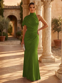 Mermaid Pleated High Neck Short Sleeve Long Formal Dresses Wedding Guest Maxi Dresses