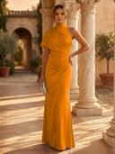 Mermaid Pleated High Neck Short Sleeve Long Formal Dresses Wedding Guest Maxi Dresses