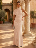 Mermaid Pleated High Neck Short Sleeve Long Formal Dresses Wedding Guest Maxi Dresses