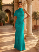 Mermaid Pleated High Neck Short Sleeve Long Formal Dresses Wedding Guest Maxi Dresses