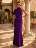 Mermaid Pleated High Neck Short Sleeve Long Formal Dresses Wedding Guest Maxi Dresses