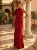 Mermaid Pleated High Neck Short Sleeve Long Formal Dresses Wedding Guest Maxi Dresses