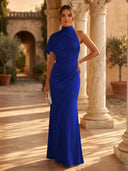 Mermaid Pleated High Neck Short Sleeve Long Formal Dresses Wedding Guest Maxi Dresses