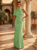 Mermaid Pleated High Neck Short Sleeve Long Formal Dresses Wedding Guest Maxi Dresses