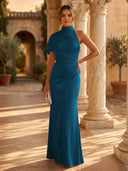 Mermaid Pleated High Neck Short Sleeve Long Formal Dresses Wedding Guest Maxi Dresses