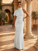 Mermaid Pleated High Neck Short Sleeve Long Formal Dresses Wedding Guest Maxi Dresses