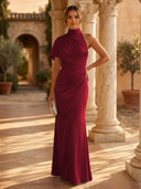 Mermaid Pleated High Neck Short Sleeve Long Formal Dresses Wedding Guest Maxi Dresses